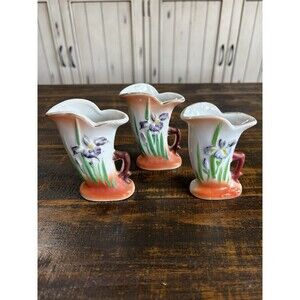 Vintage Hand Painted Iris Mini Pitcher Vase Set of 3 Japan Redware Bud Vases
